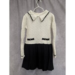 Janie and Jack Girls Cream Black Cable Knit Sweater Dress Collar Size 6